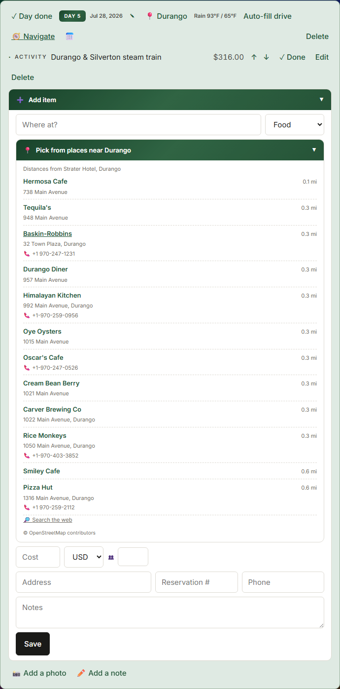 The add-item drawer with Food selected: the nearby dining list open with distances from the hotel