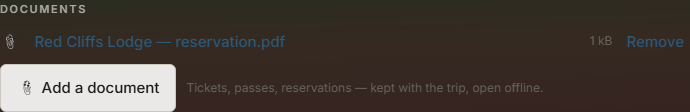 A section's Documents area holding a reservation PDF that opens offline