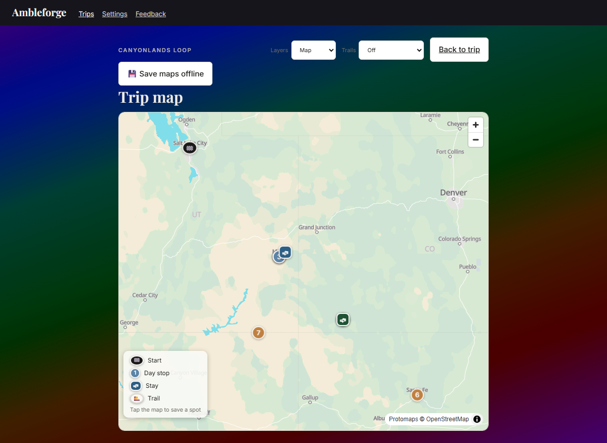 The trip map: numbered day pins in section colors, stays, the route chain, layers and trail-mode controls
