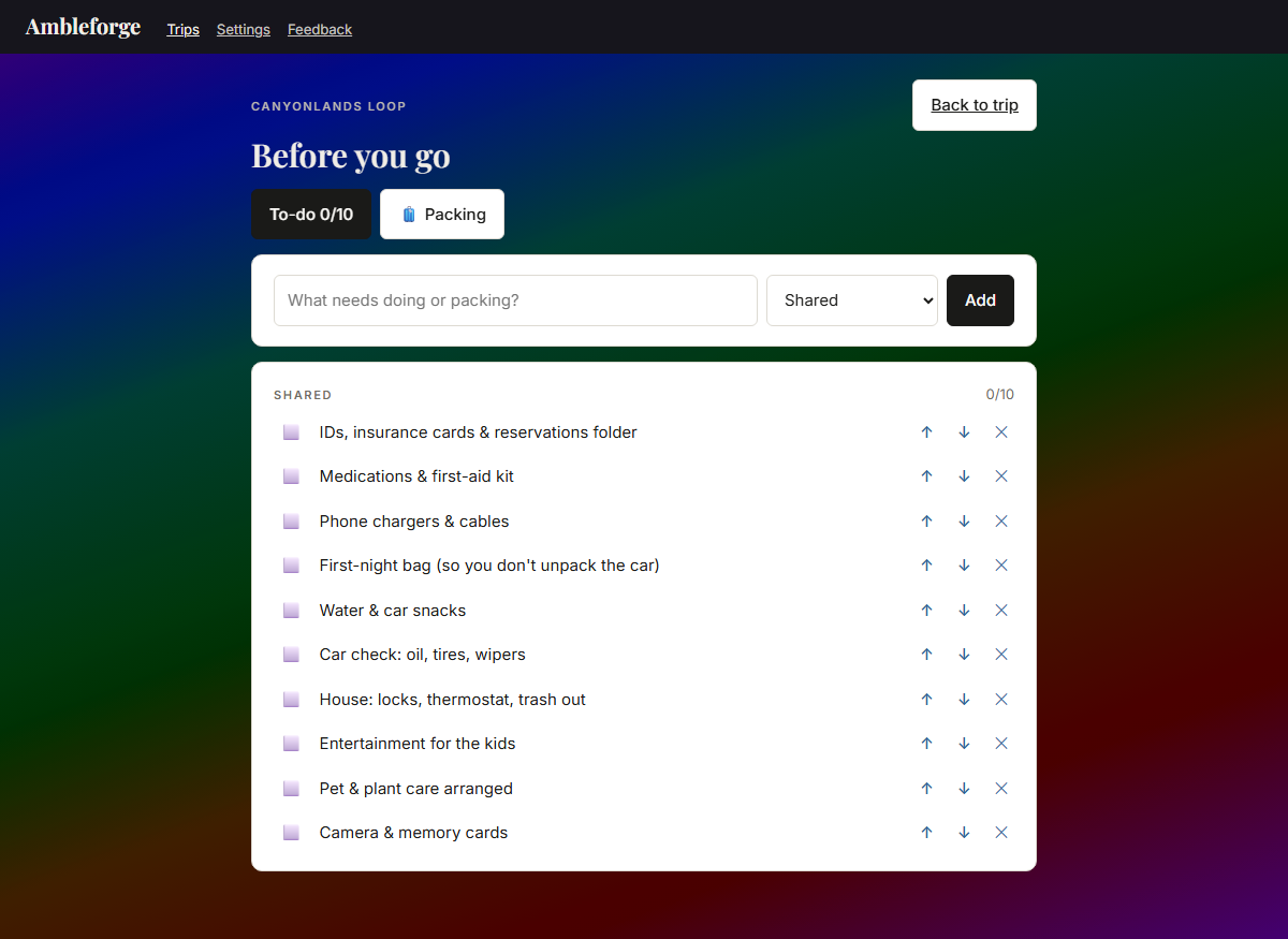 The Before-you-go checklist grouped by person with progress counts