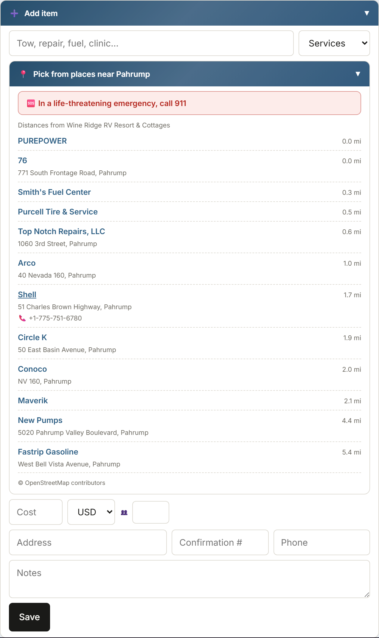 Adding a Services stop: the nearby list shows fuel and repair options around Pahrump with addresses and tap-to-call numbers, topped by a red emergency notice naming the local emergency number