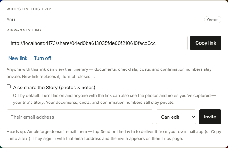 The share panel: members with roles and an email invite form