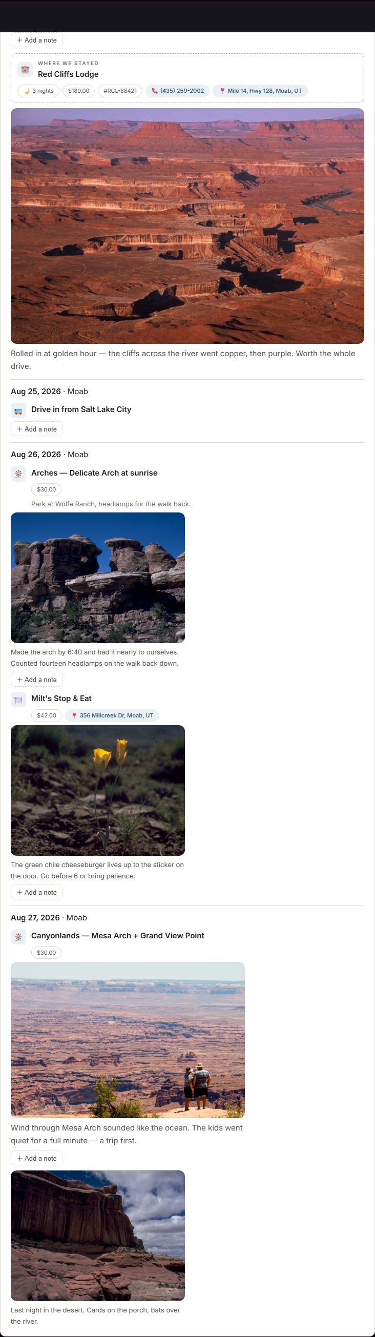The Desert Leg in the Story: the stay card with its details, then day by day — the drive in, Delicate Arch at sunrise — each with the memory written at that stop